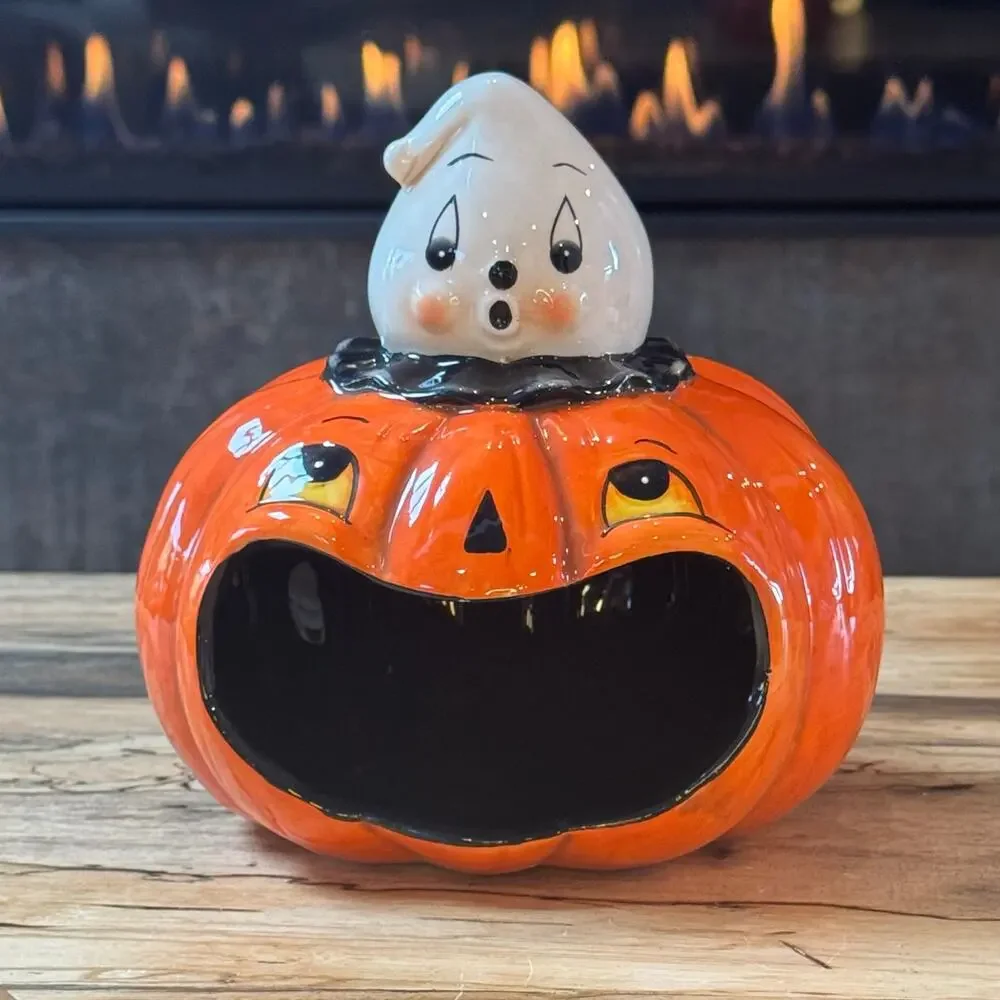 Johanna Parker Halloween Ghost & Jack-o-Lantern Ceramic Treat Bowl Candy Bowl